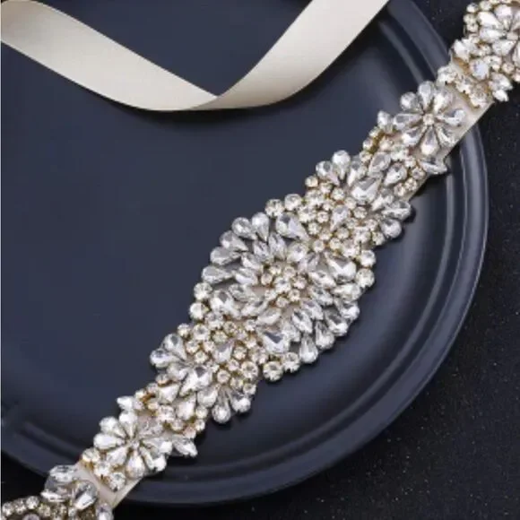 Elegant Rose Gold Elaborate Rhinestone Floral Thin Sash Belt - Picture 9 of 9